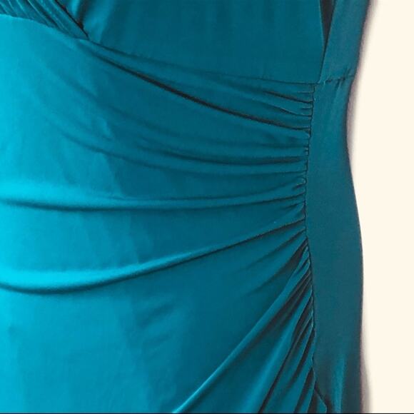 AB Studio Faux Wrap Dress Cap Sleeve Fitted Teal Midi Size Medium - Picture 3 of 12